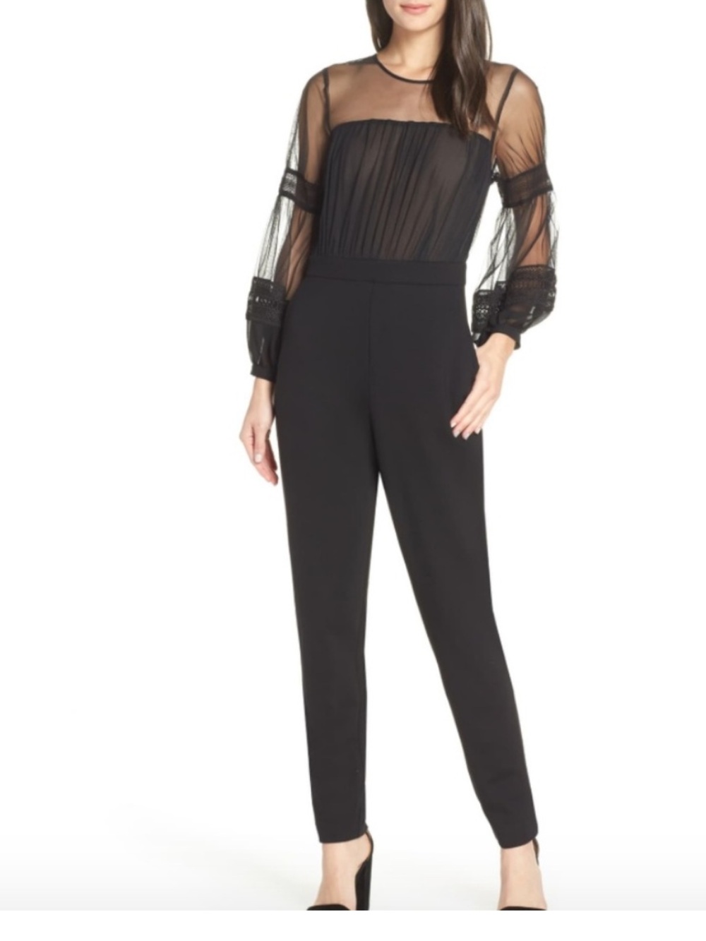 French connection Paulette Jersey Lace Jumpsuit Sheer sleeves size 10